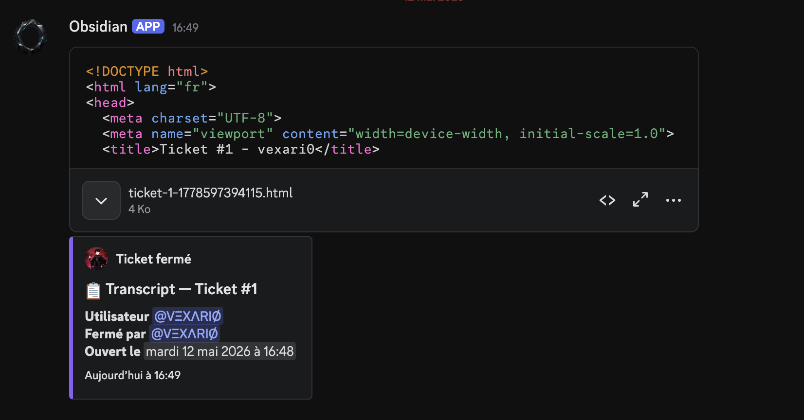 Logs de tickets Obsidian
