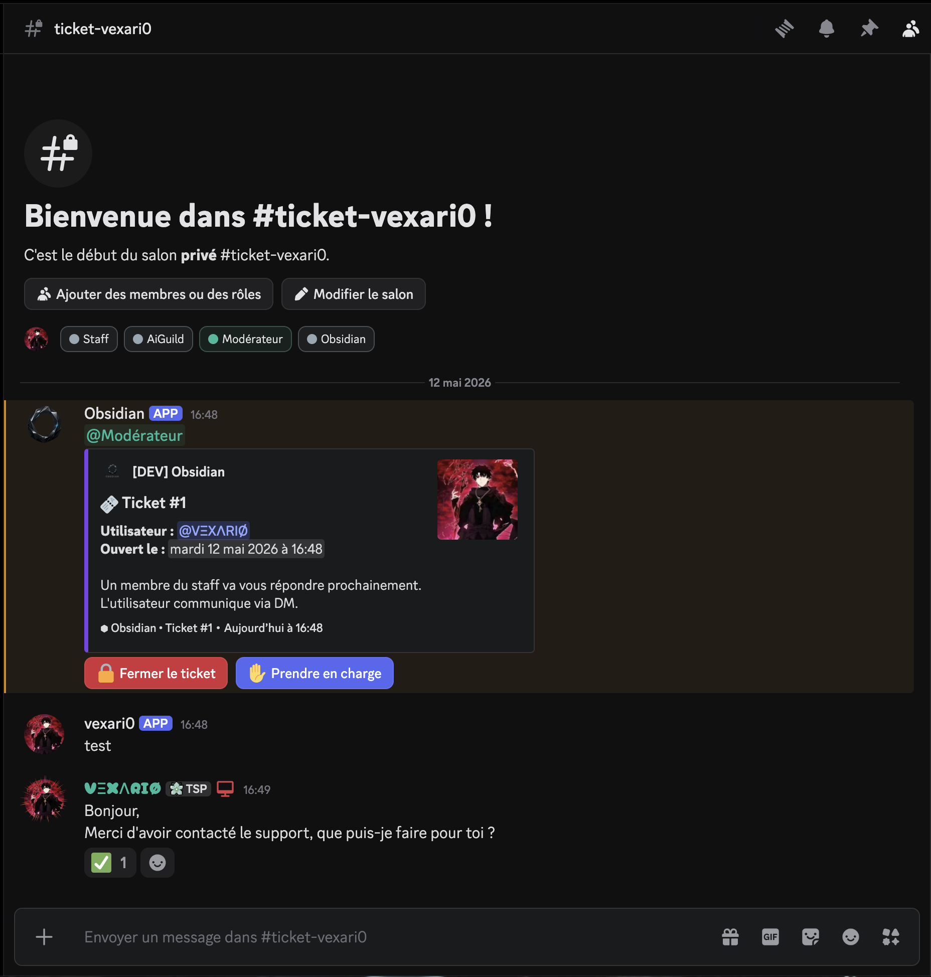 Gestion du ticket côté serveur Obsidian